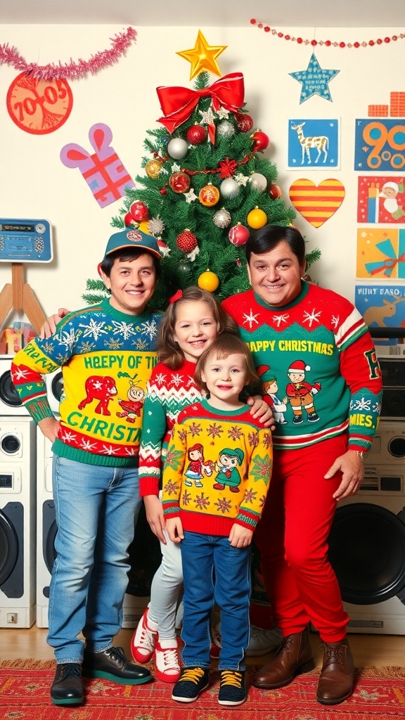 A family in 80s holiday sweaters posing in front of a Christmas tree with retro decorations.